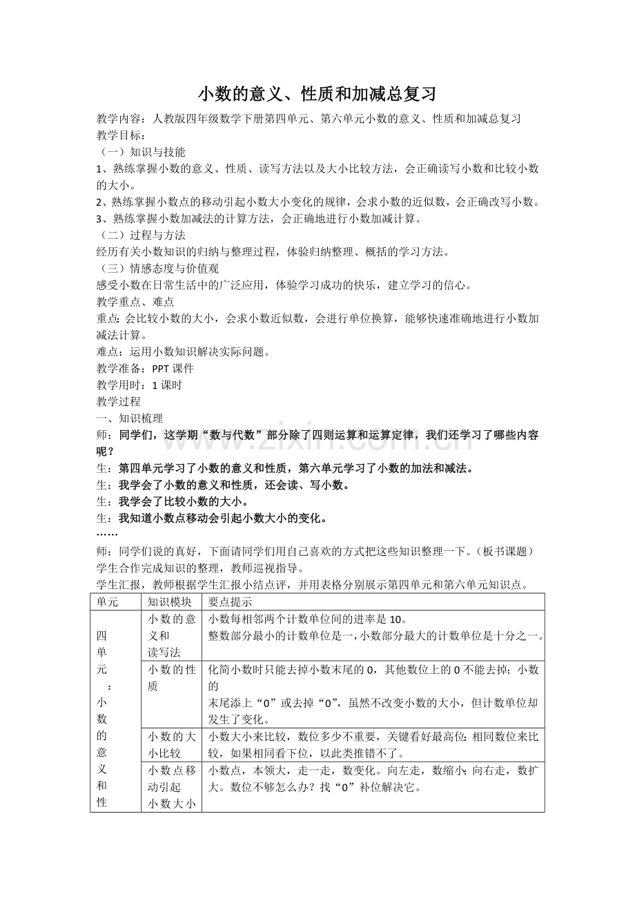 人教2011版小学数学四年级小数意义、性质和加减总复习.docx_第1页