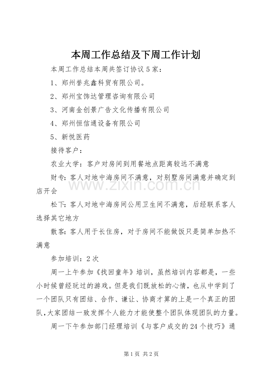 本周工作总结及下周工作计划.docx_第1页