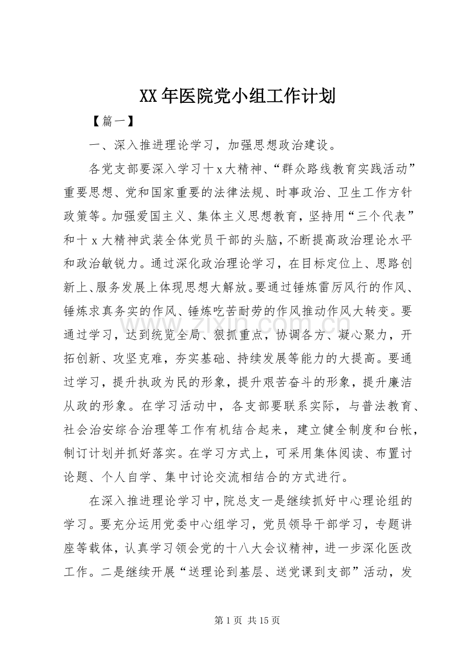 XX年医院党小组工作计划.docx_第1页