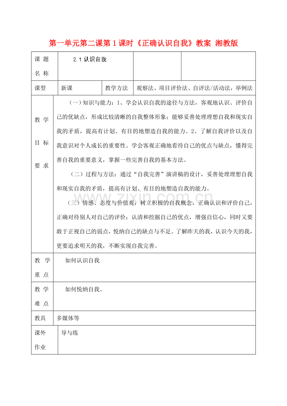 湖南省株洲市天元区马家河中学七年级政治上第一单元第二课第1课时《正确认识自我》教案 湘教版.doc_第1页