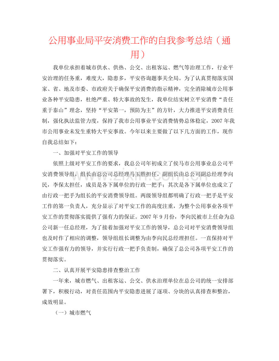 公用事业局安全生产工作的自我参考总结（通用）.docx_第1页