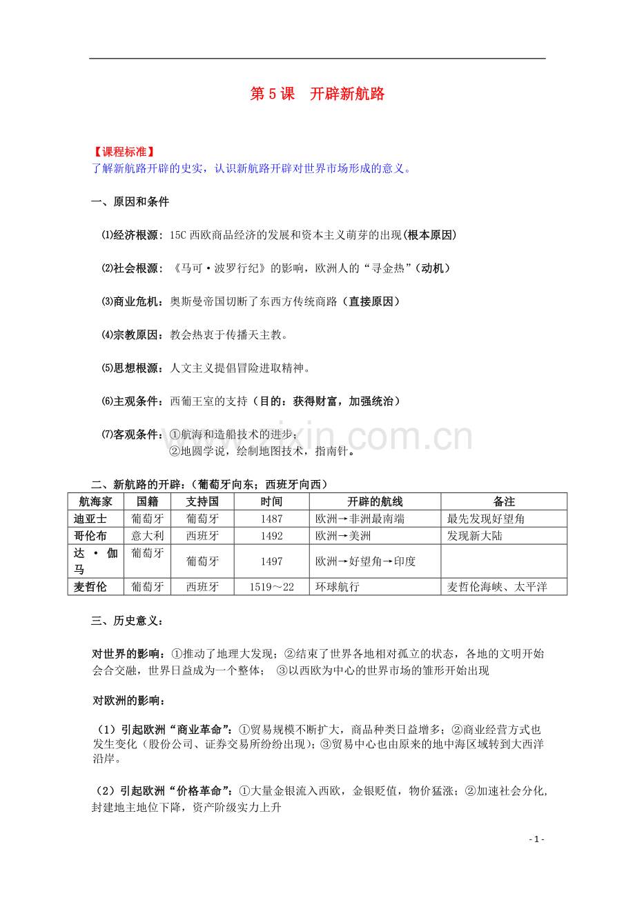 2014届高考历史一轮复习提纲-开辟新航路-新人教版必修2.doc_第1页