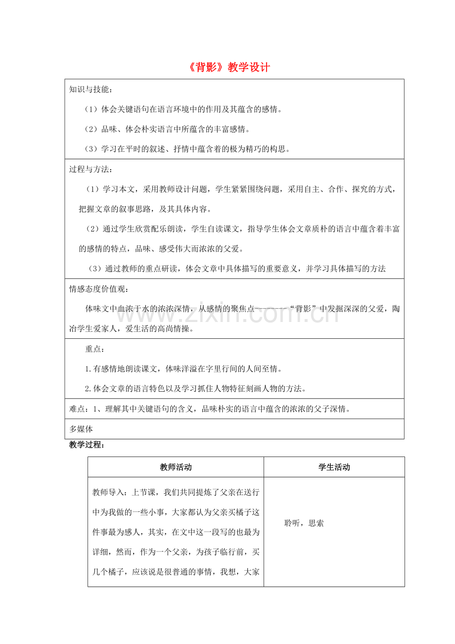 七年级语文上册 第一单元 第2课《背影》教学设计 北京课改版-北京课改版初中七年级上册语文教案.doc_第1页