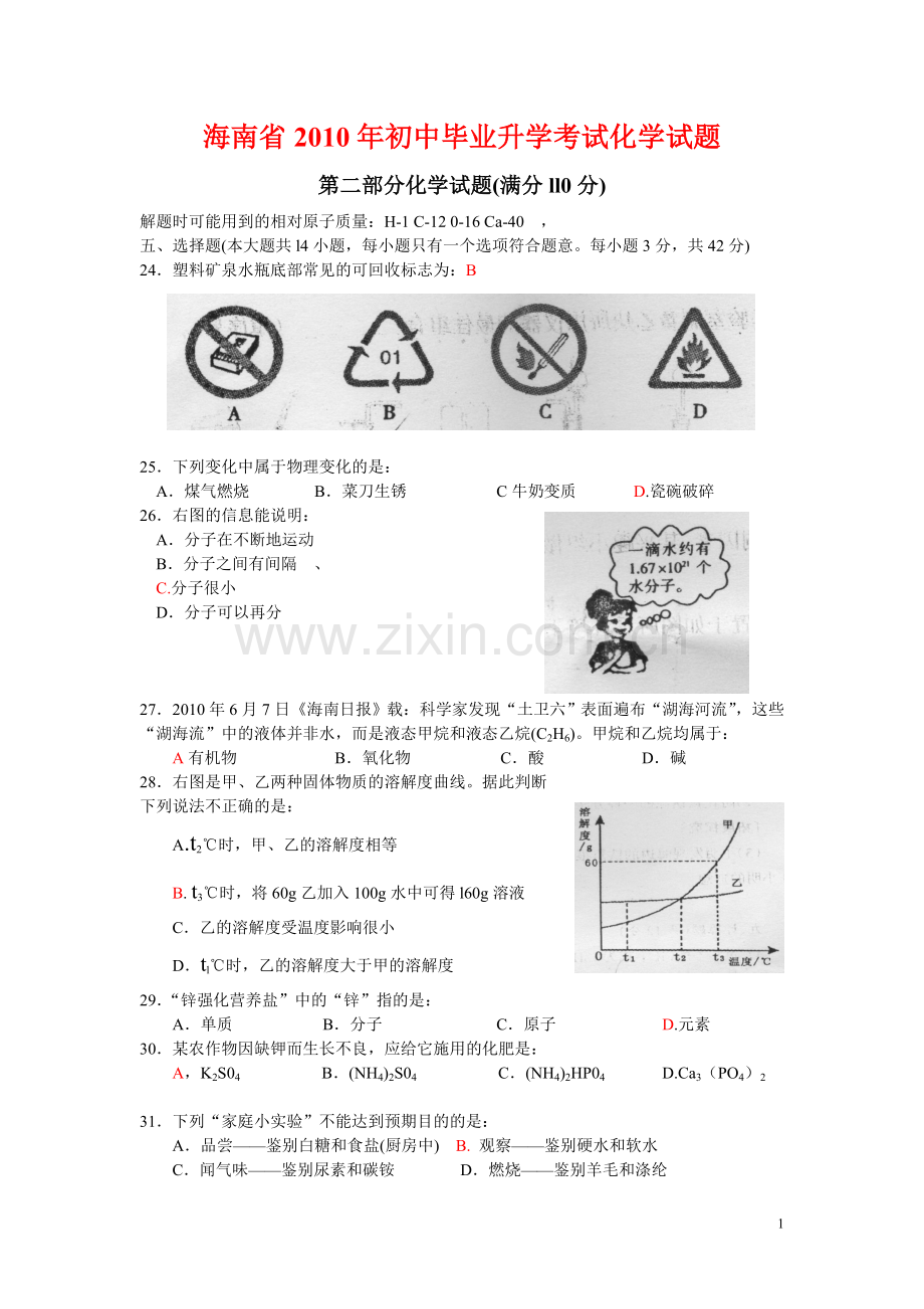 海南省2010年初中毕业升学考试(中考)化学.doc_第1页