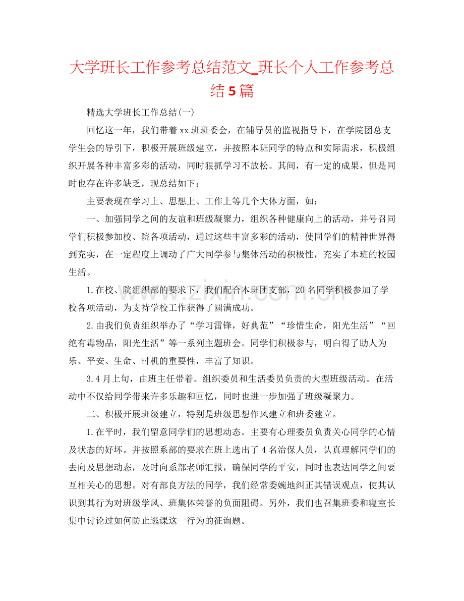 大学班长工作参考总结范文_班长个人工作参考总结5篇.docx_第1页