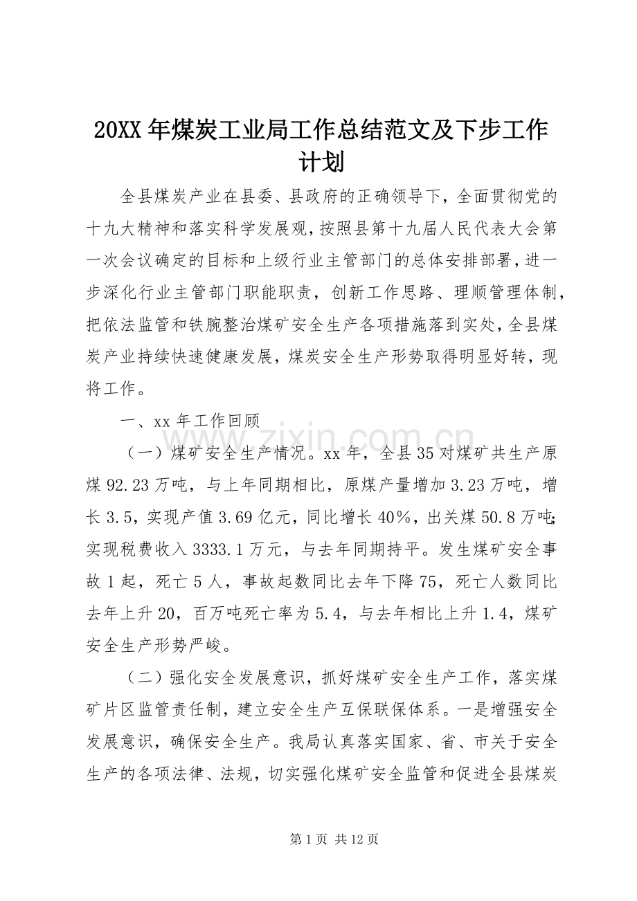 20XX年煤炭工业局工作总结范文及下步工作计划.docx_第1页