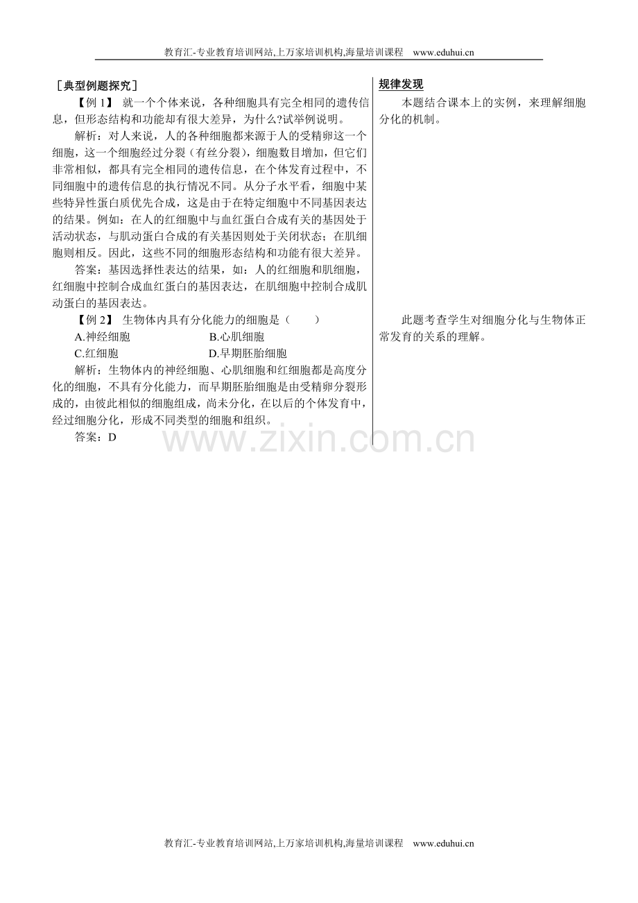 人教新课标高中生物必修一知识点例题剖析（细胞的分化）.doc_第1页