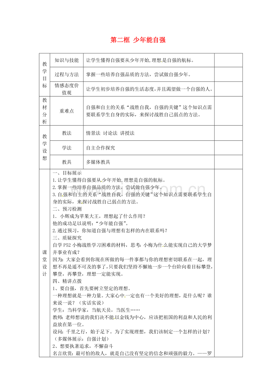 甘肃省庆阳市宁县第五中学七年级政治下册《第二单元 第四课 第二框 少年能自强》教案1 新人教版.doc_第1页