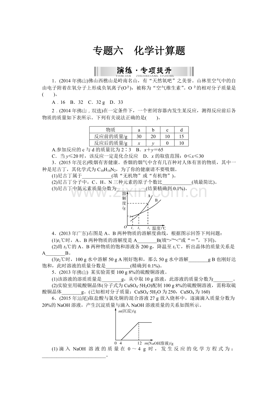 2016年中考化学专题提升六-化学计算题专题六-化学计算题.doc_第1页