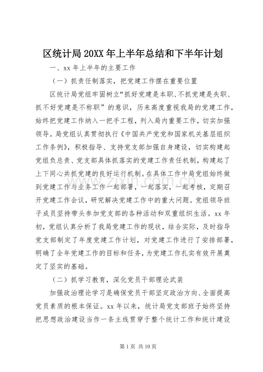 区统计局20XX年上半年总结和下半年计划.docx_第1页