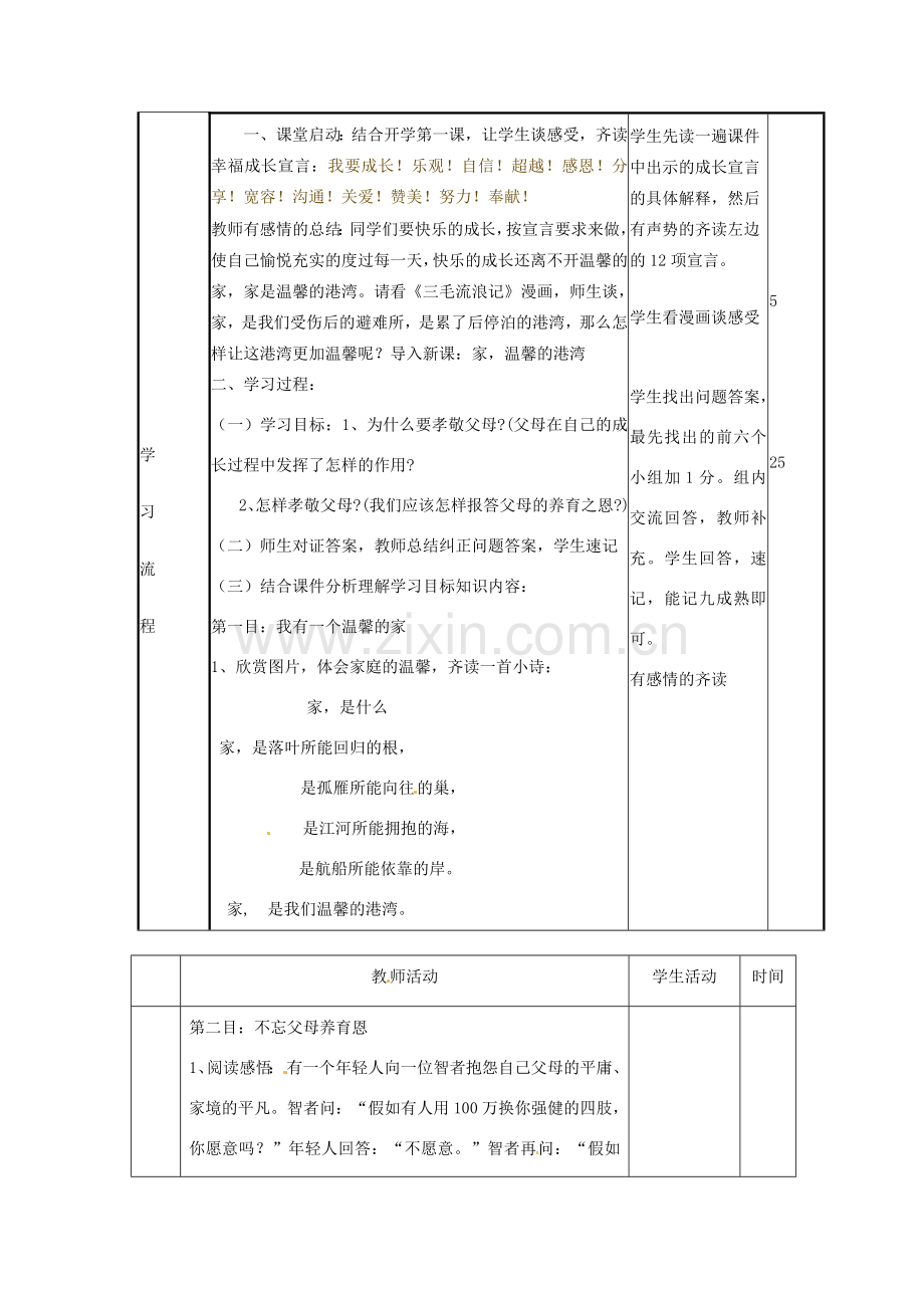 山东省邹平县实验中学八年级政治《家温馨的港湾》教案.doc_第2页