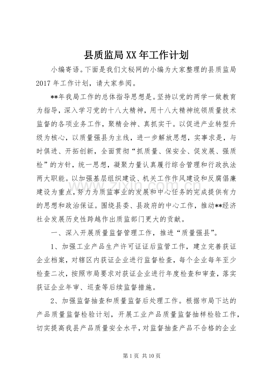 县质监局XX年工作计划.docx_第1页