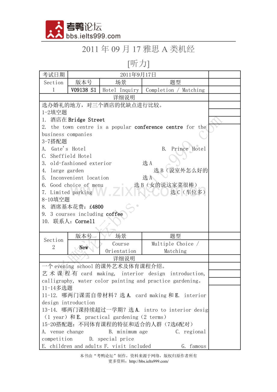 【考鸭网】2011年09月17日雅思机经（A类）.doc_第1页