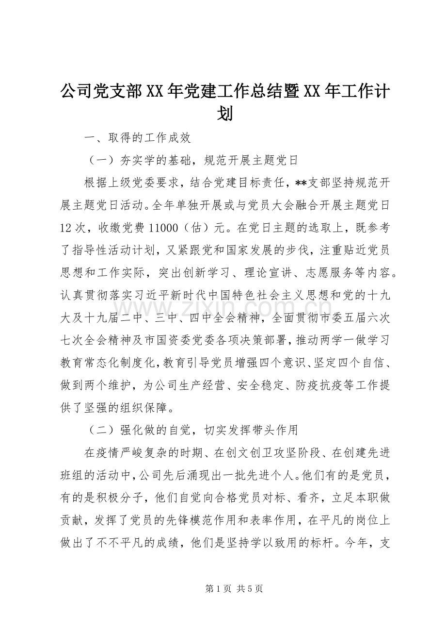 公司党支部XX年党建工作总结暨XX年工作计划.docx_第1页