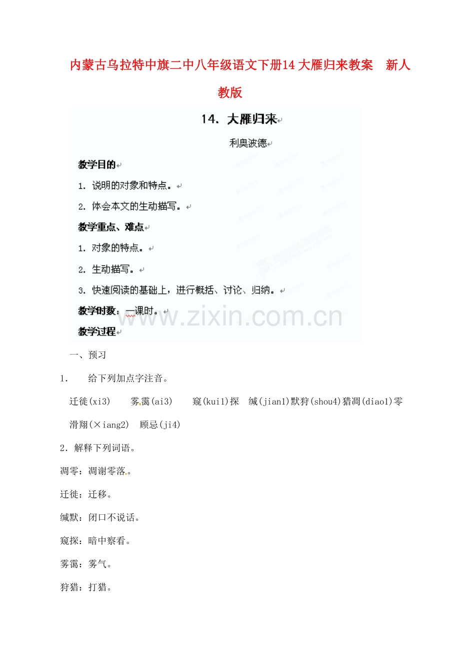 内蒙古乌拉特中旗二中八年级语文下册 14大雁归来教案新人教版.doc_第1页