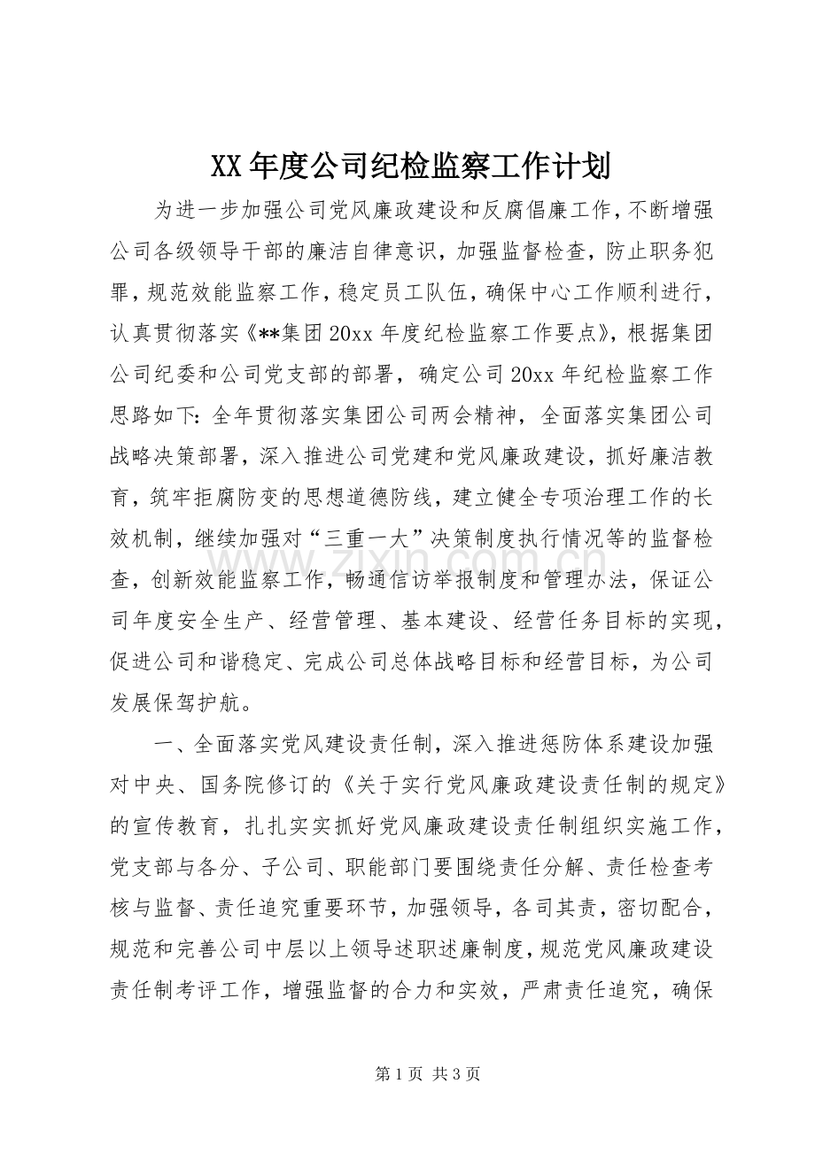 XX年度公司纪检监察工作计划 .docx_第1页