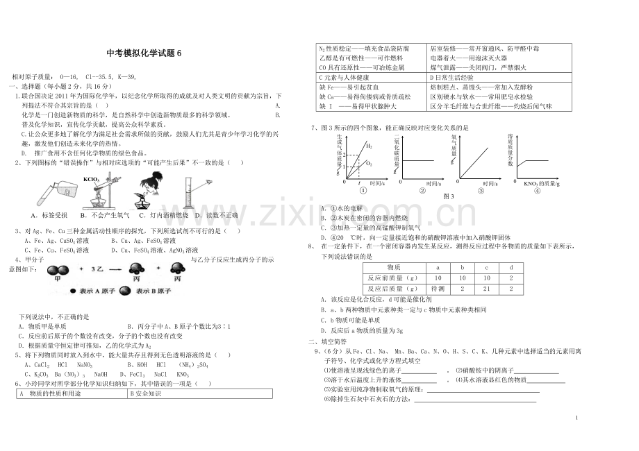 中考模拟化学试题6.doc_第1页