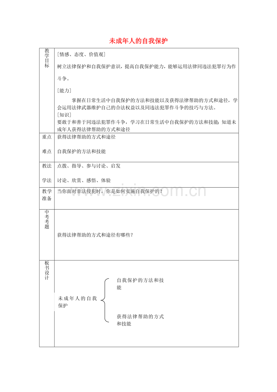 七年级政治下册 第十六课 第2框 未成年人的自我保护教案 鲁教版-鲁教版初中七年级下册政治教案.doc_第1页