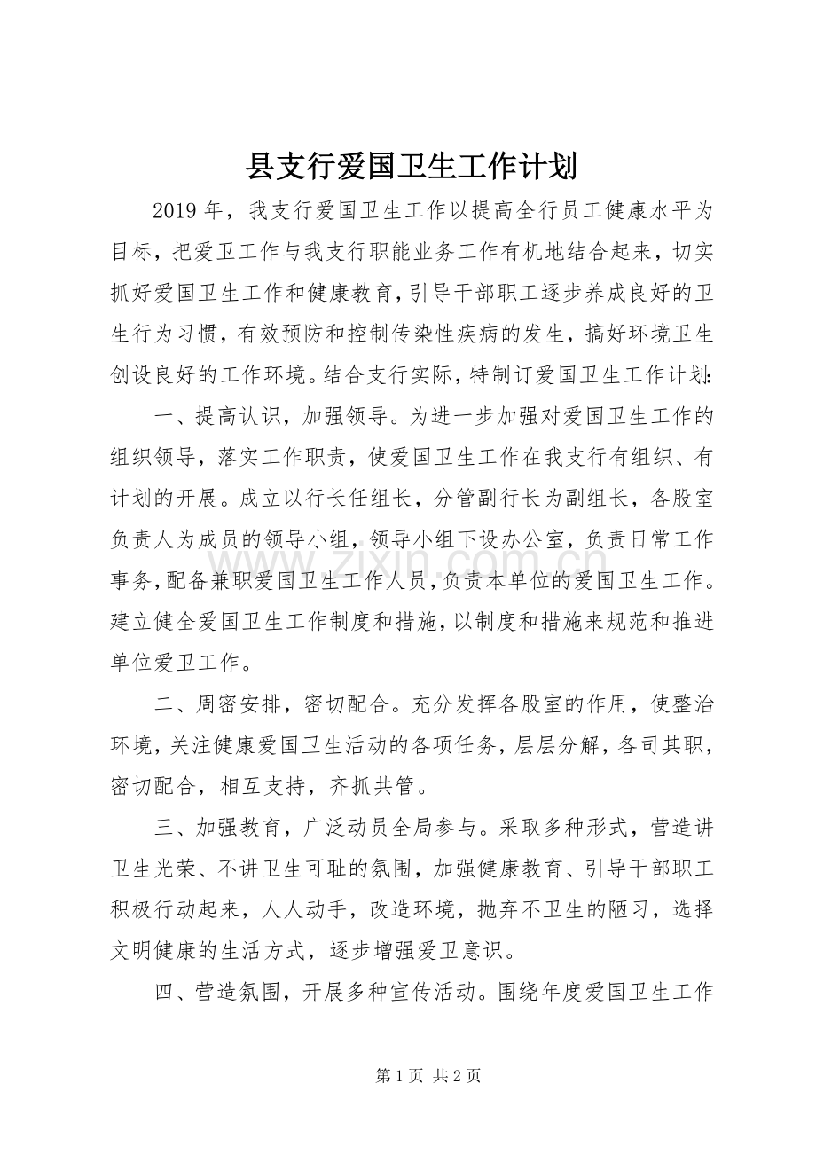 县支行爱国卫生工作计划 .docx_第1页