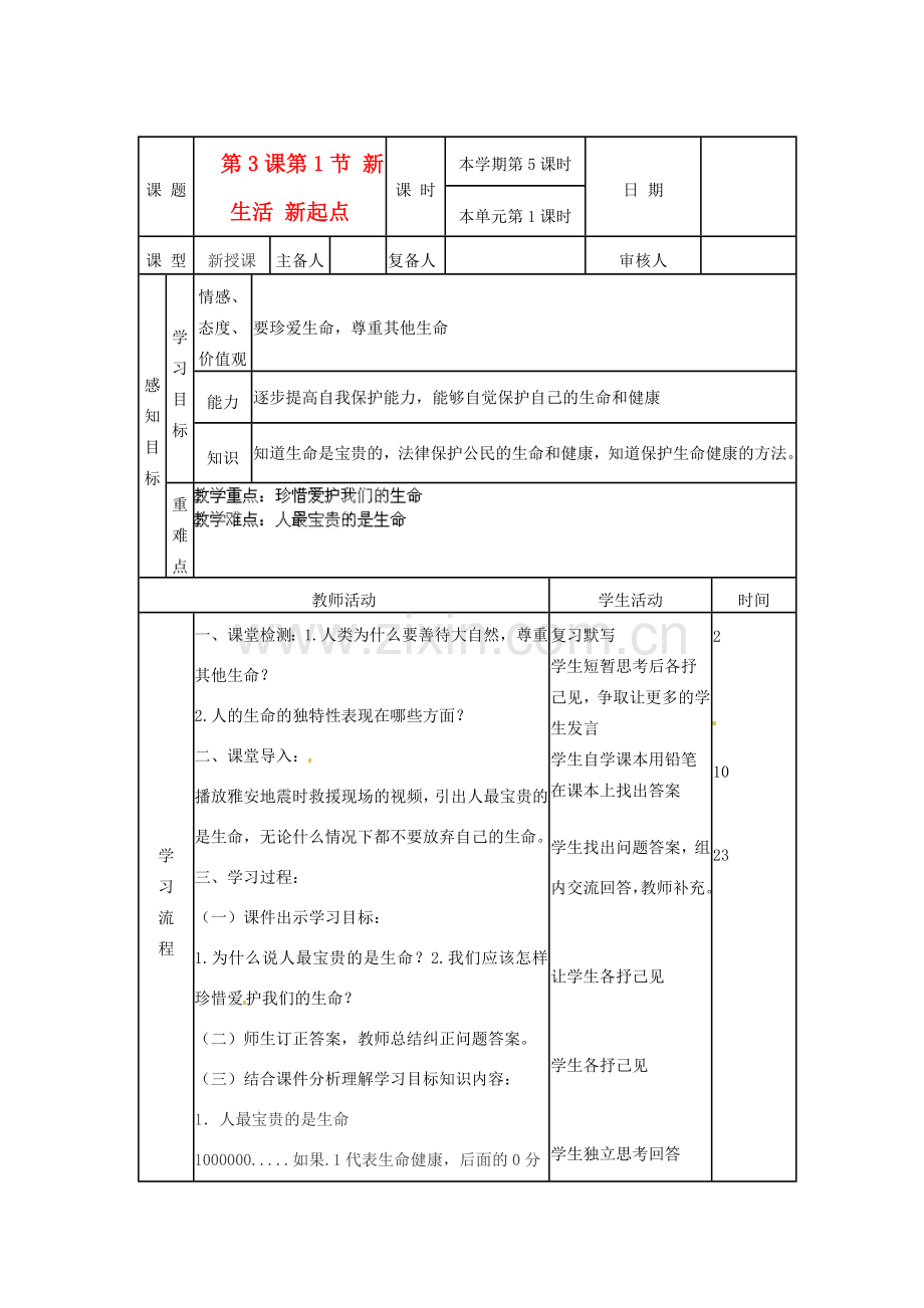 山东省邹平县实验中学七年级政治上册《第二单元 第三课 第一框 新生活 新起点（1）》教案 鲁教版.doc_第1页