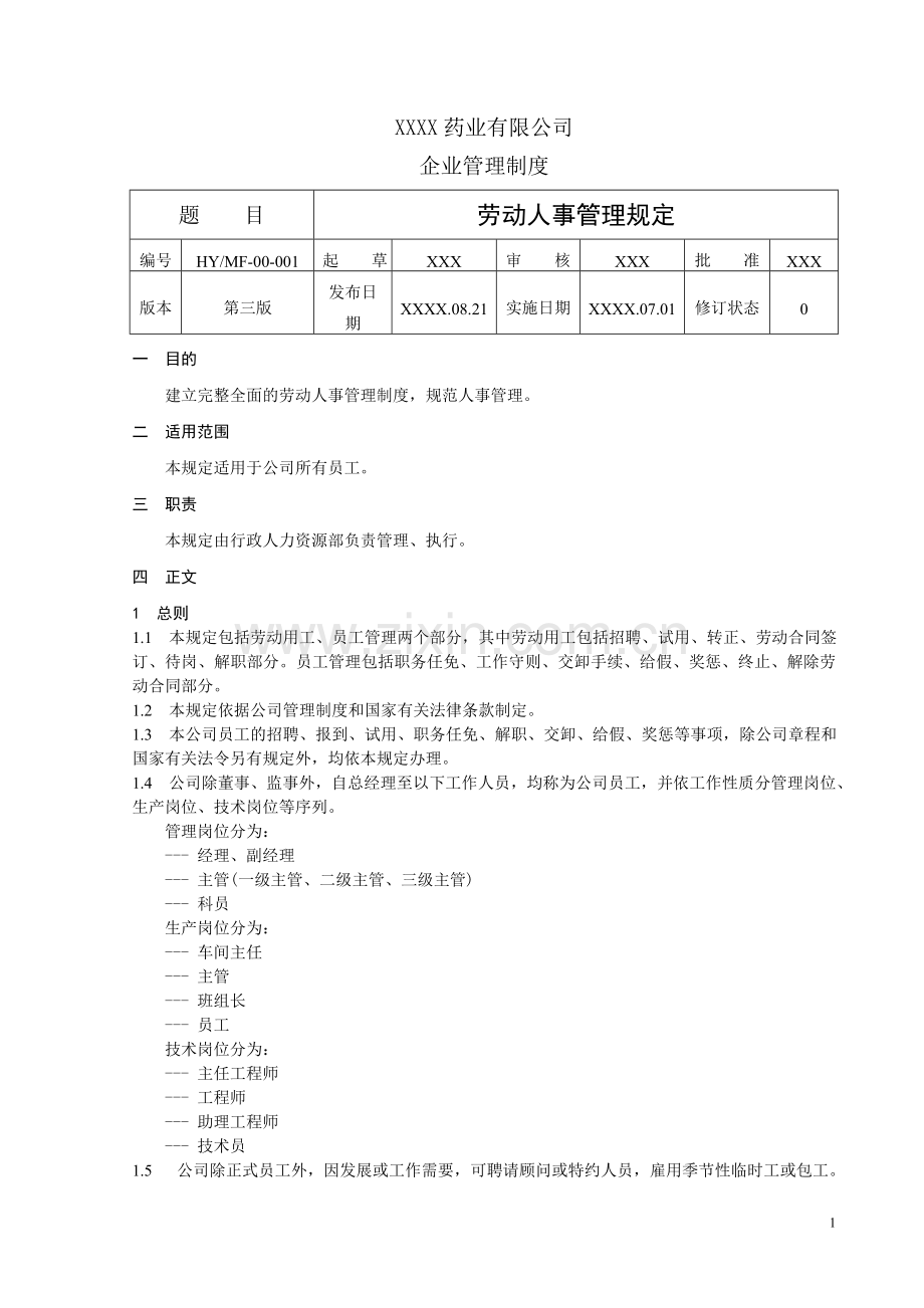 药厂行政及人力资源管理制度汇编.doc_第1页