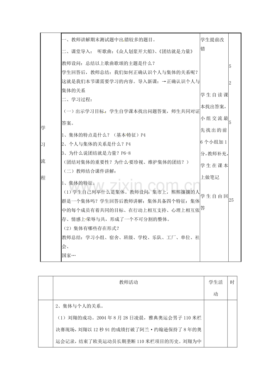 山东省滨州市邹平实验中学八年级政治下册 10.1正确认识个人与集体的关系教案 鲁教版.doc_第2页