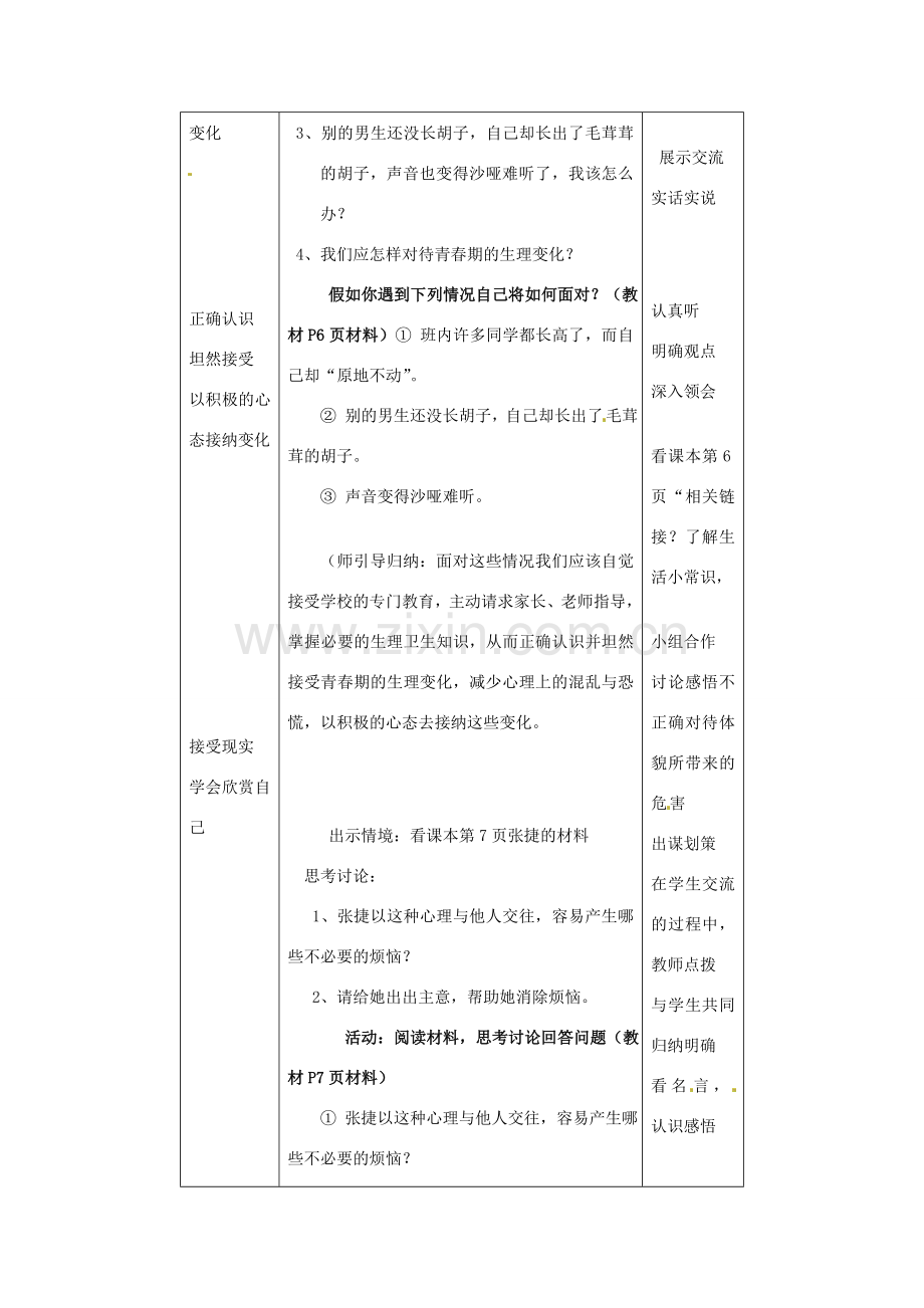 （秋季版）七年级道德与法治上册 第二单元 青春的脚步 青春的气息 第三课 人们说我们长大了 第二框 悦纳自己的生理变化教案 鲁人版六三制-鲁人版初中七年级上册政治教案.doc_第3页