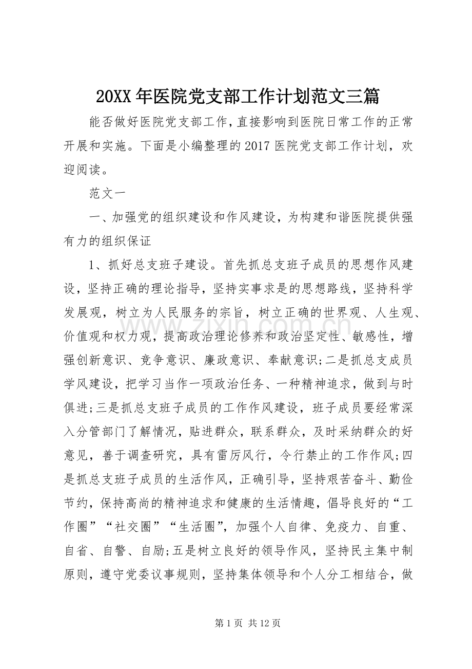 20XX年医院党支部工作计划范文三篇.docx_第1页