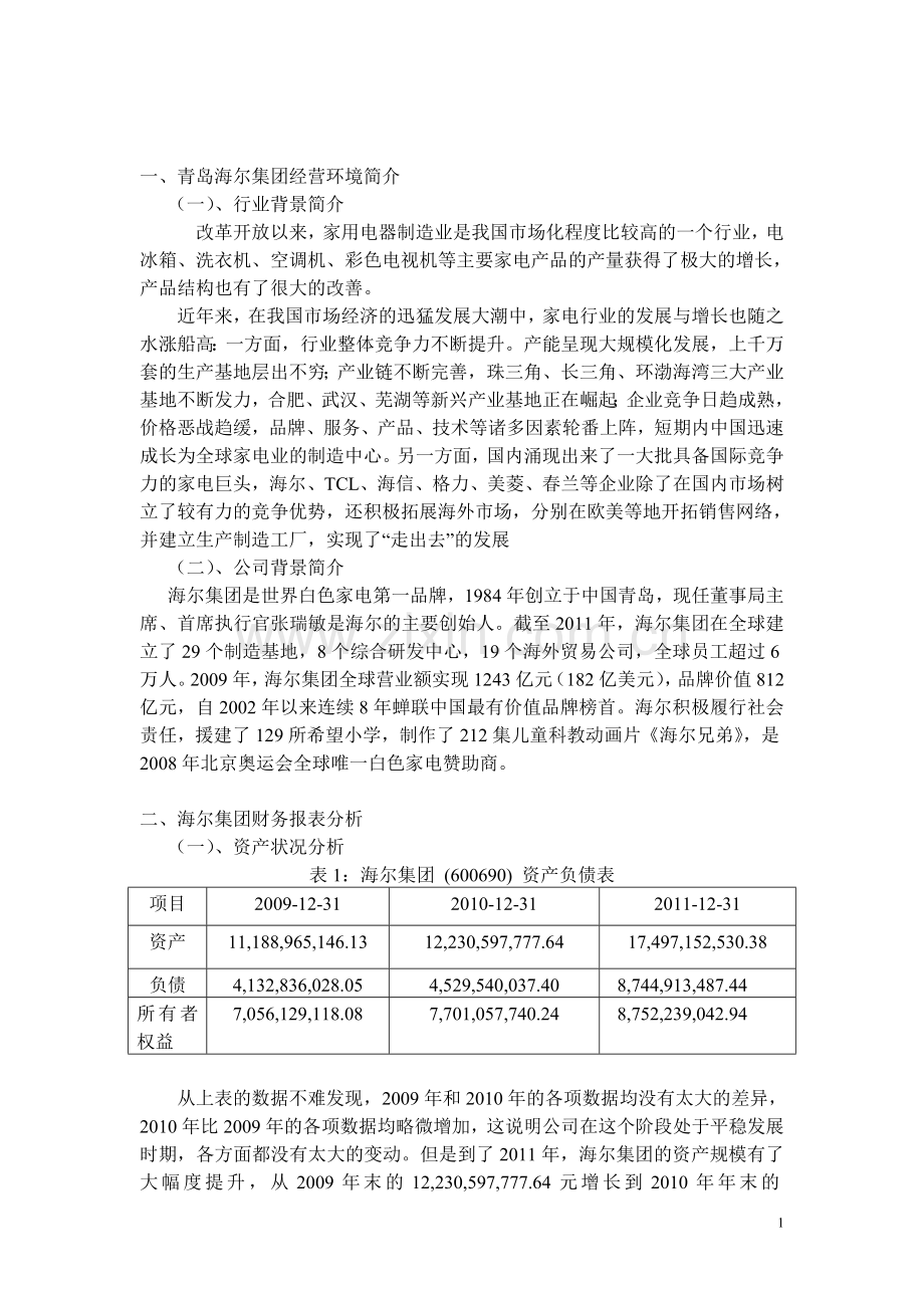 青岛海尔集团财务报表分析.doc_第1页