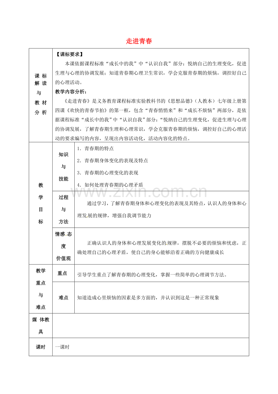 甘肃省武威第十一中学七年级政治上册 2.4.1 走进青春教案 新人教版.doc_第1页