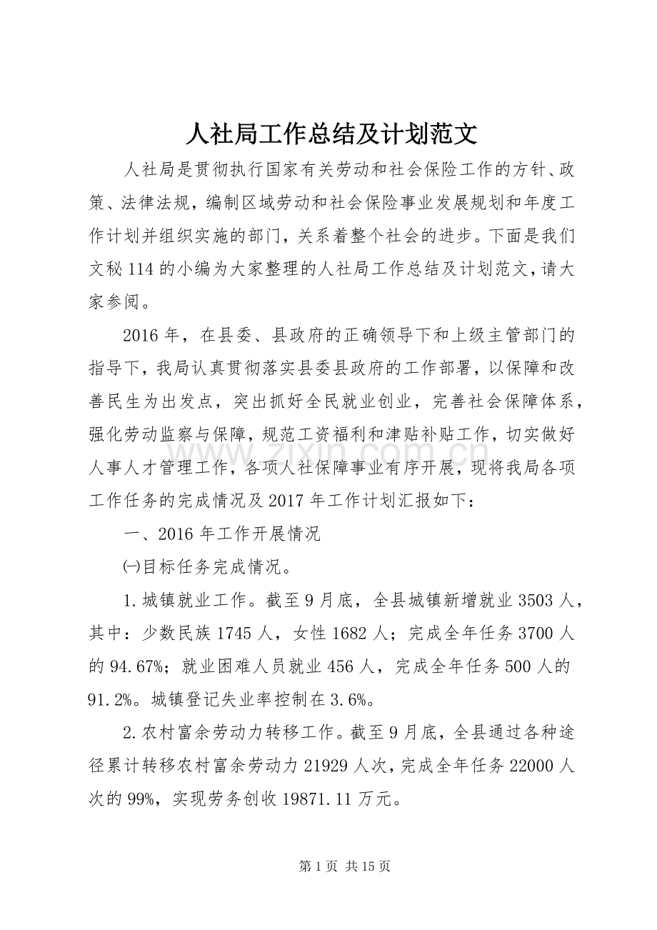 人社局工作总结及计划范文.docx_第1页