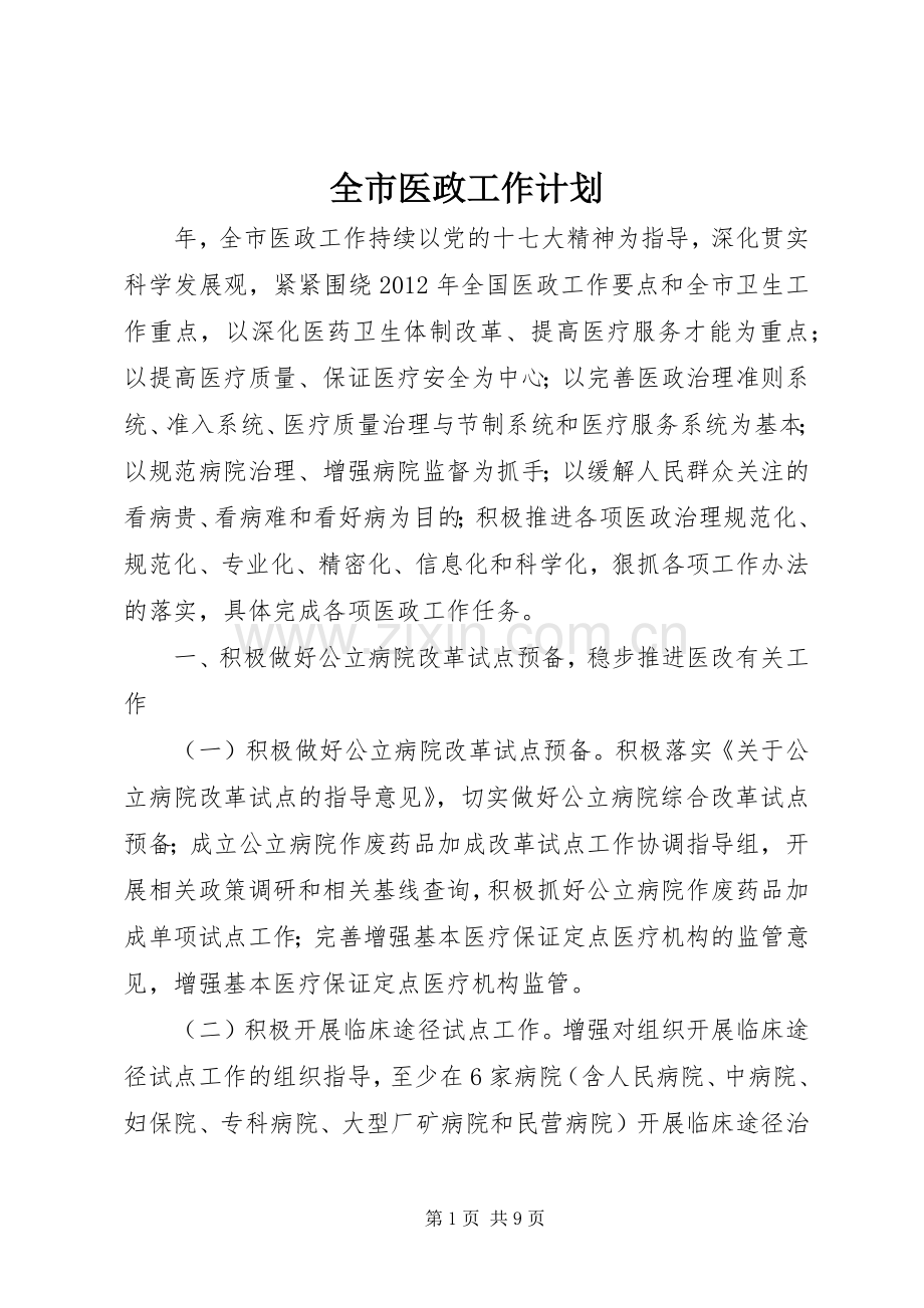 全市医政工作计划.docx_第1页