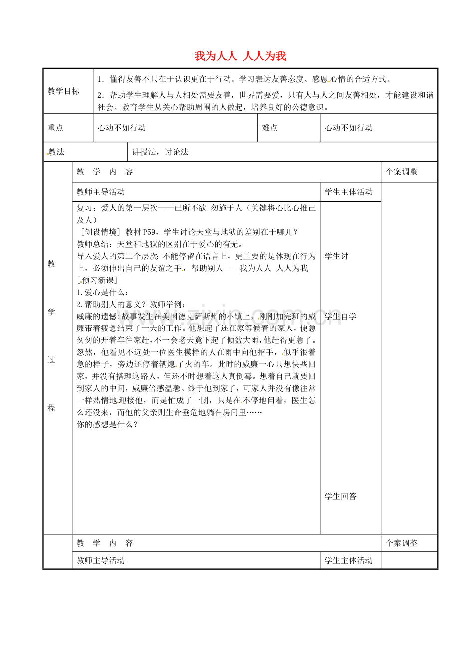 七年级政治上册 6.2 我为人人 人人为我教案 苏教版-苏教版初中七年级上册政治教案.doc_第1页