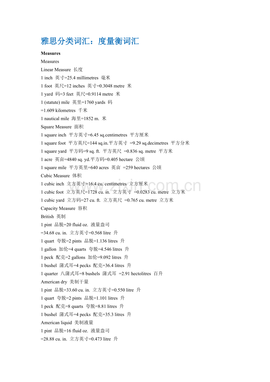 雅思分类词汇：度量衡词汇.doc_第1页