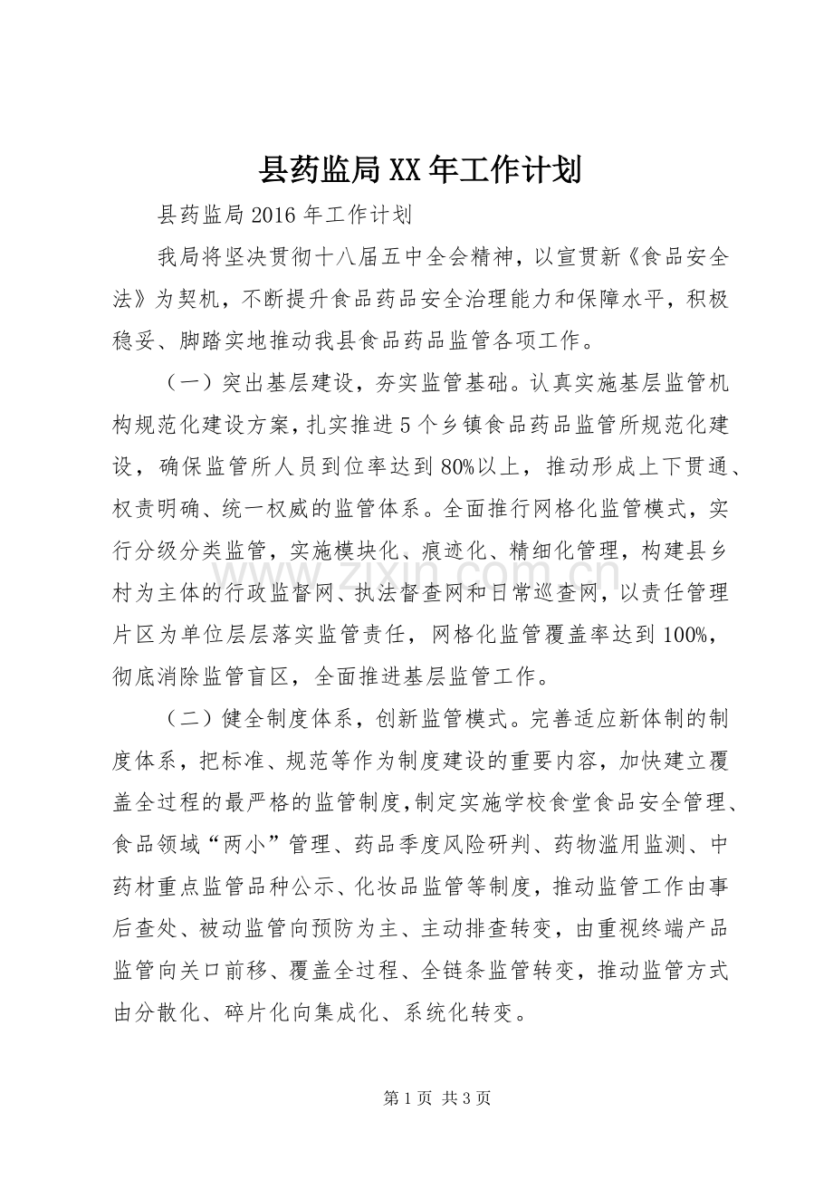 县药监局XX年工作计划.docx_第1页