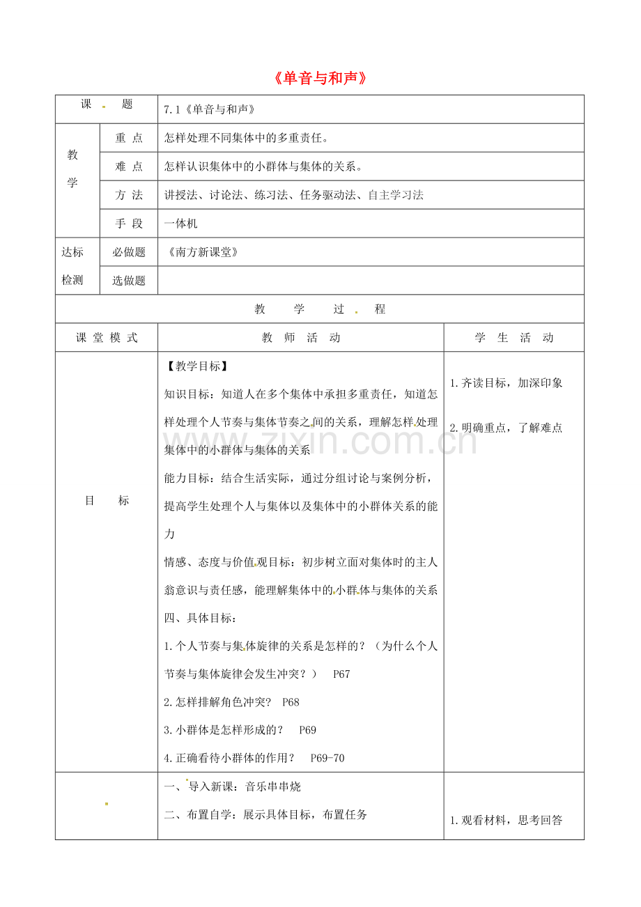 广东省佛山市顺德区七年级道德与法治下册 第三单元 在集体中成长 第七课 共奏和谐乐章 第2框 节奏与旋律教案 新人教版-新人教版初中七年级下册政治教案.doc_第1页