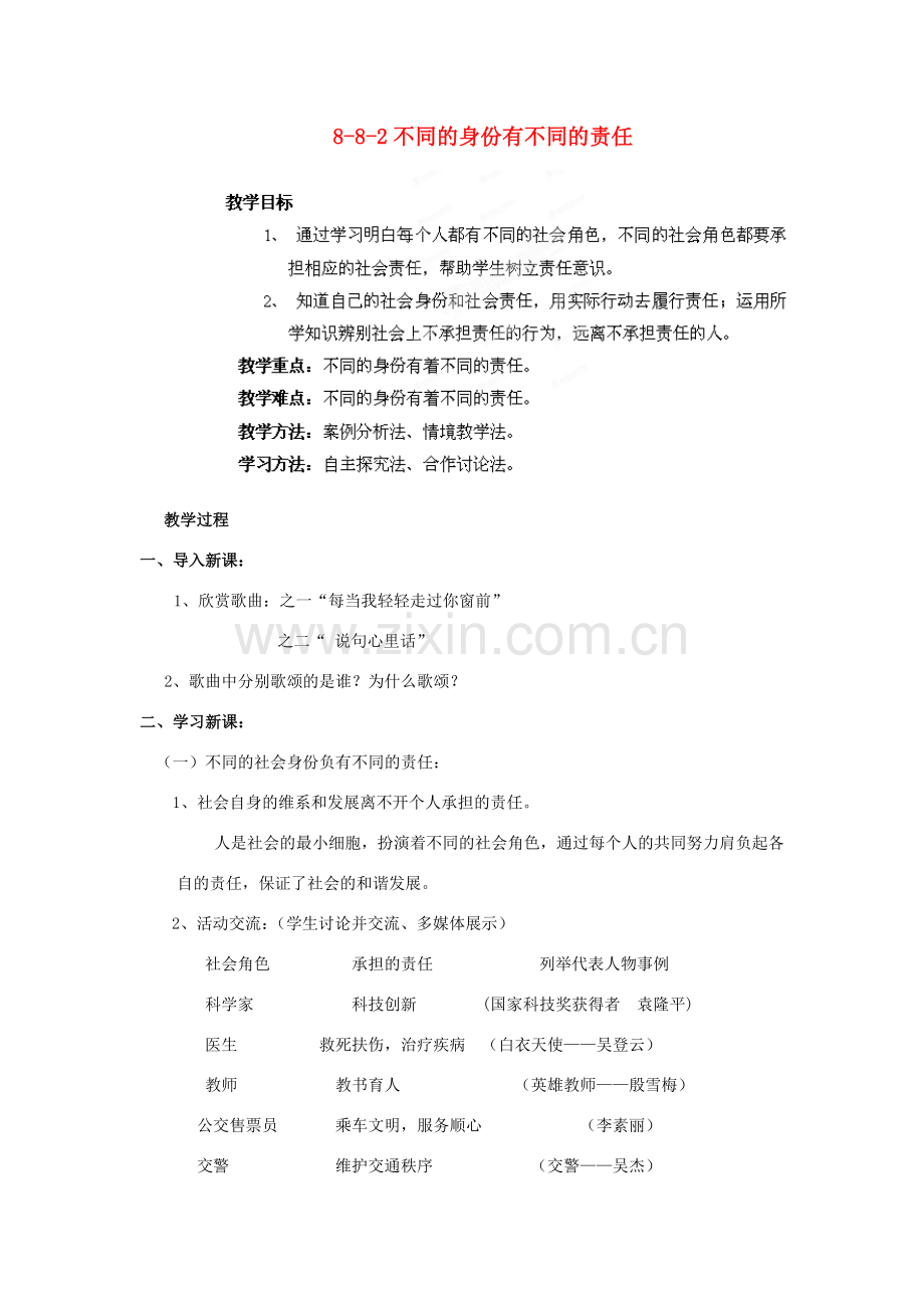 江苏省丹阳市三中八年级政治上册 8-8-2不同的身份有不同的责任教案 苏教版.doc_第1页