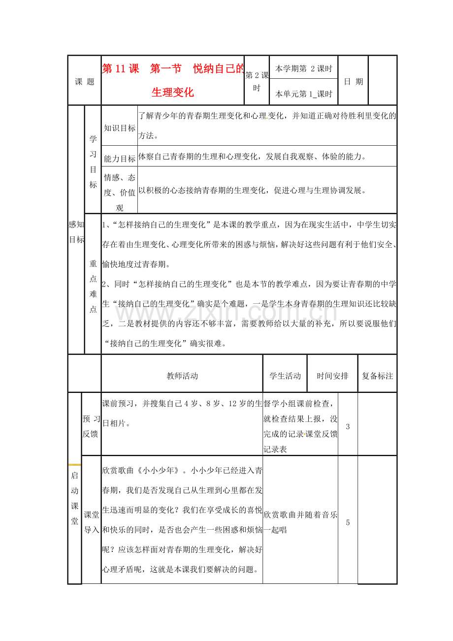 山东省邹平县实验中学七年级政治下册《11.1 悦纳自己的生理变化》教案 鲁教版.doc_第1页