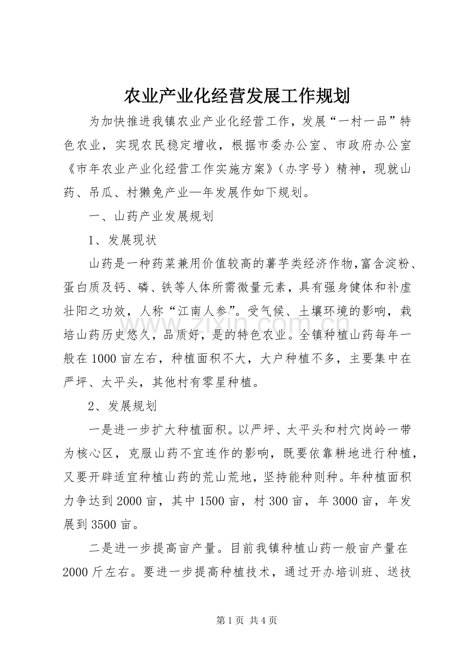 农业产业化经营发展工作规划.docx_第1页