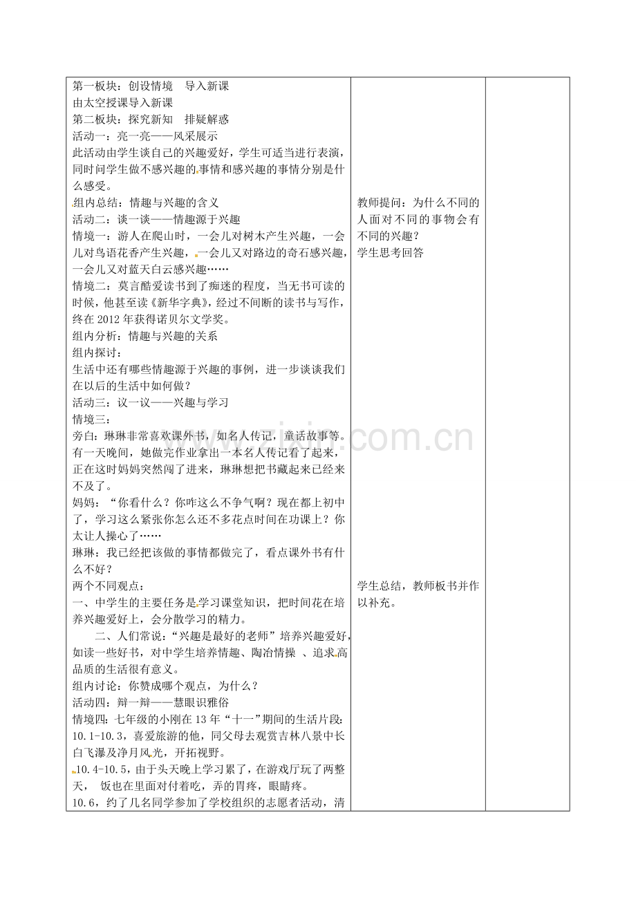 七年级政治上册 3.7.1 多彩的生活情趣教案 新人教版-新人教版初中七年级上册政治教案.doc_第2页