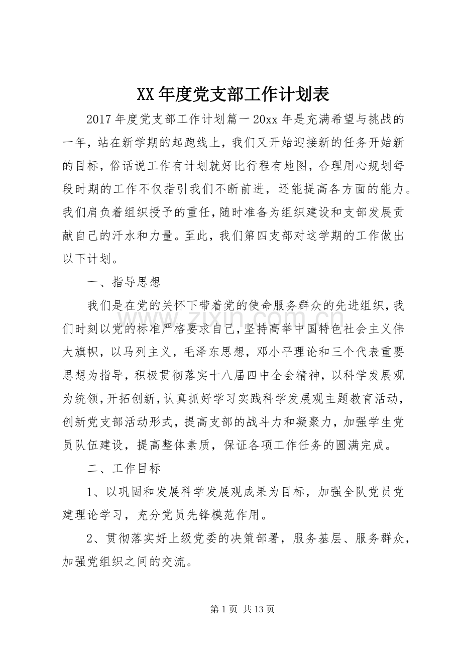 XX年度党支部工作计划表 .docx_第1页