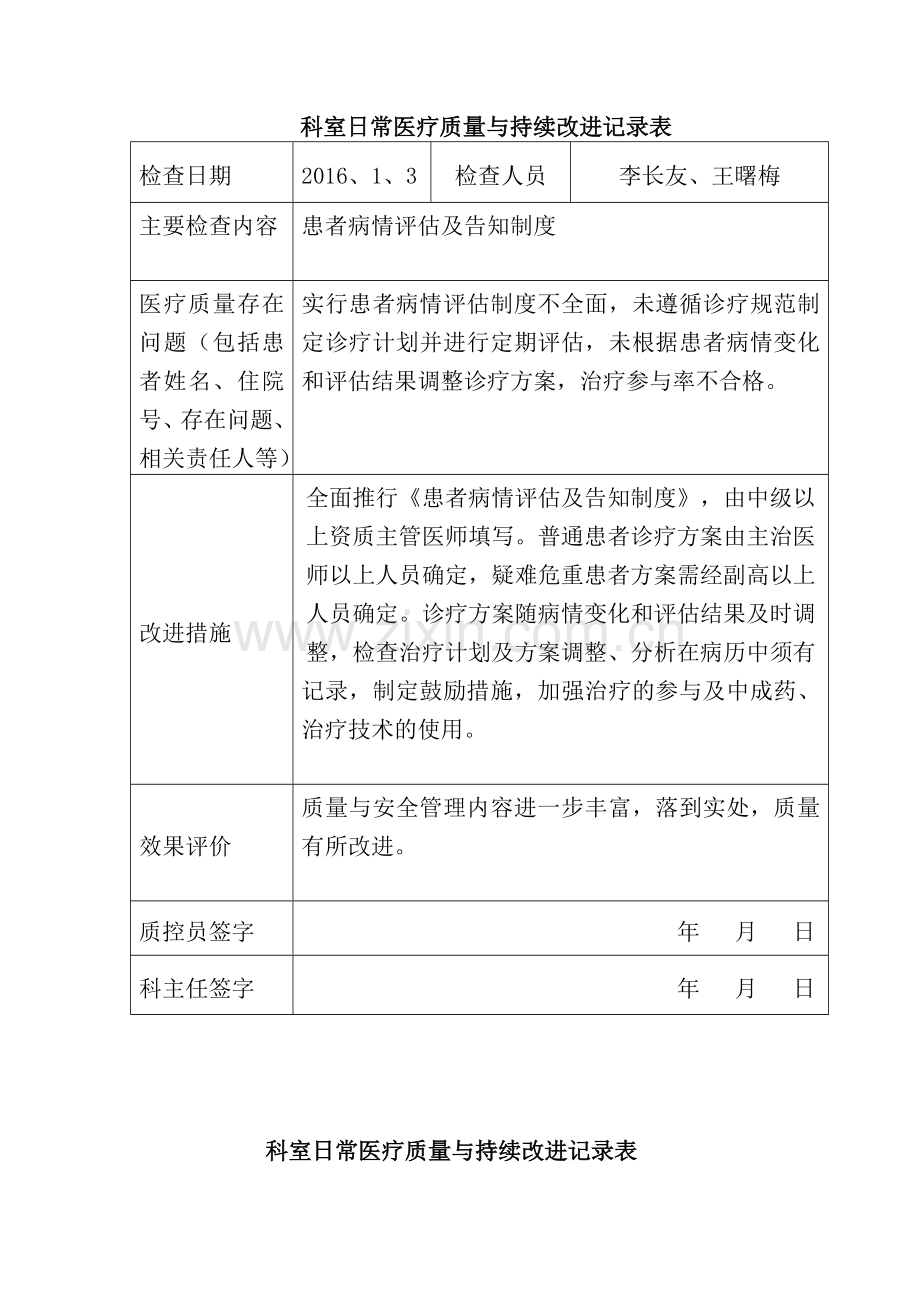 2016年医务科医疗质量管理与持续改进记录考核内容.doc_第3页