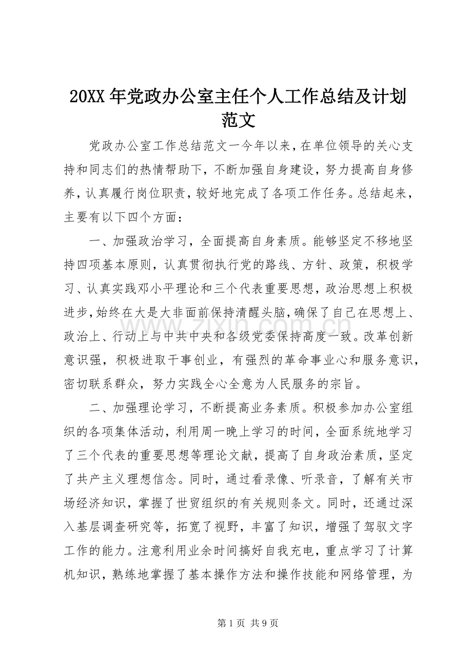 20XX年党政办公室主任个人工作总结及计划范文.docx_第1页