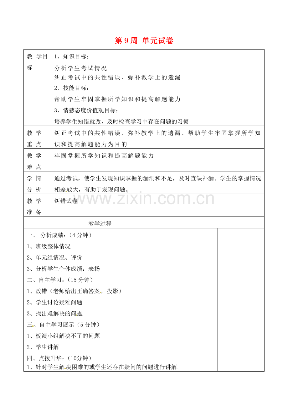 七年级政治上册 第9周 单元试卷讲评教案 鲁教版-鲁教版初中七年级上册政治教案.doc_第1页