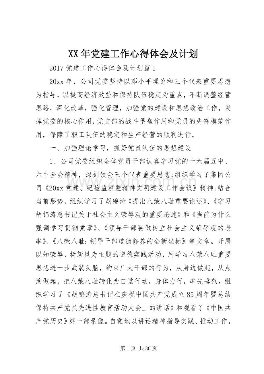 XX年党建工作心得体会及计划.docx_第1页