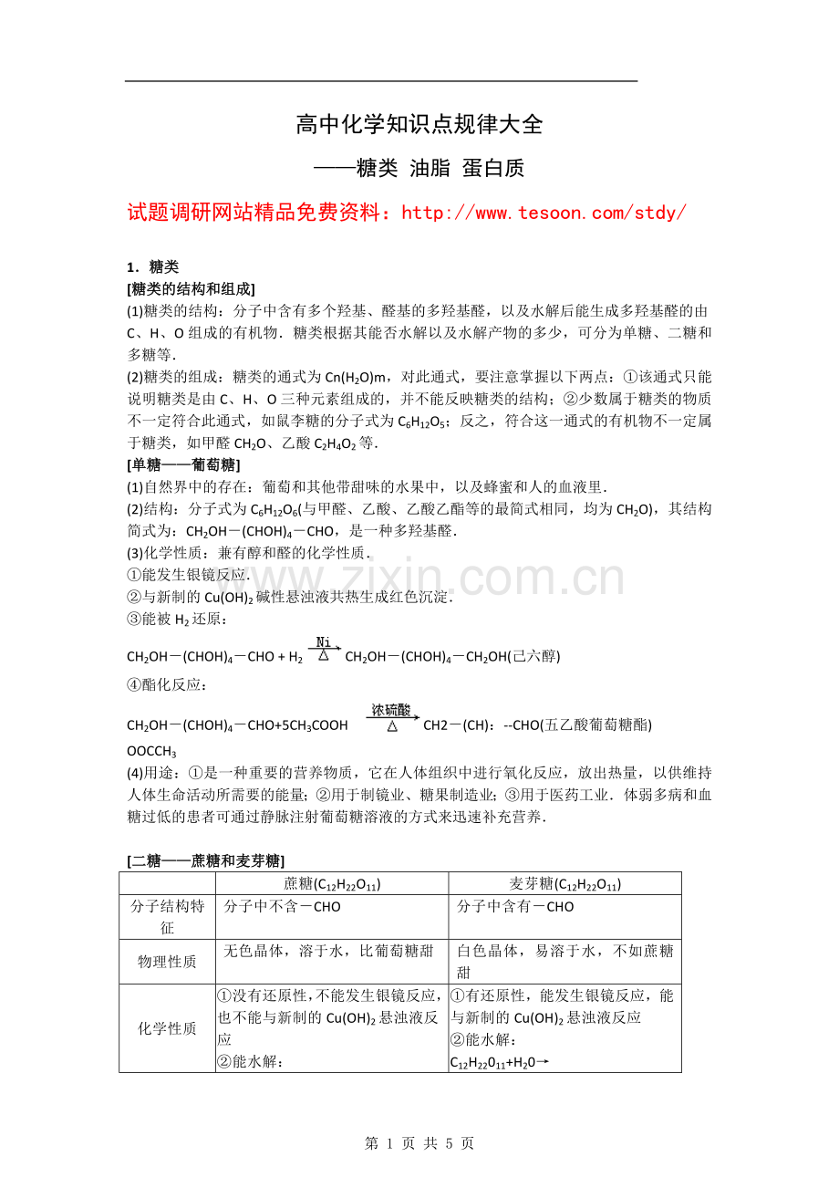 【化学】高中知识点规律大全（13）——《糖类油脂蛋白质》.doc_第1页