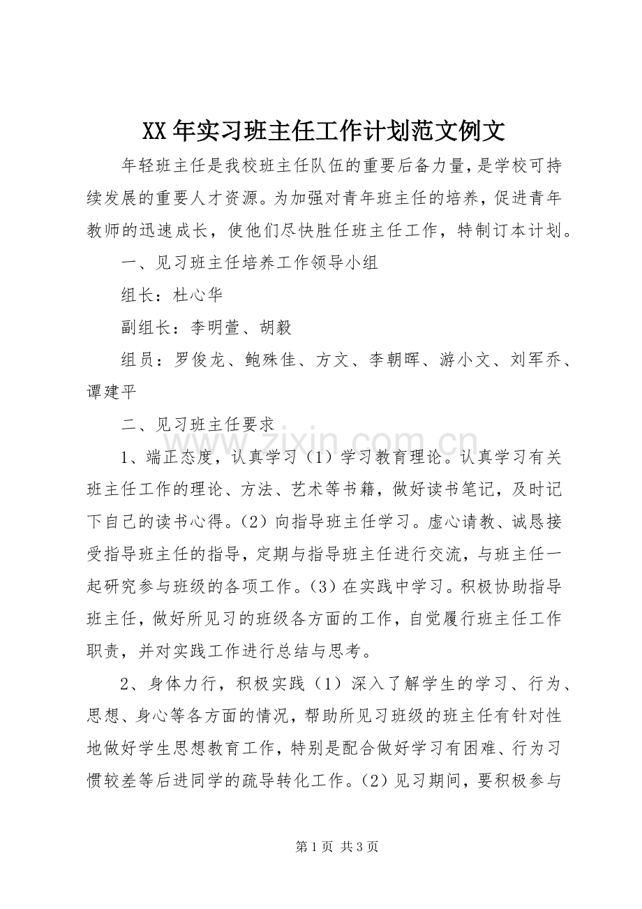 XX年实习班主任工作计划范文例文.docx_第1页