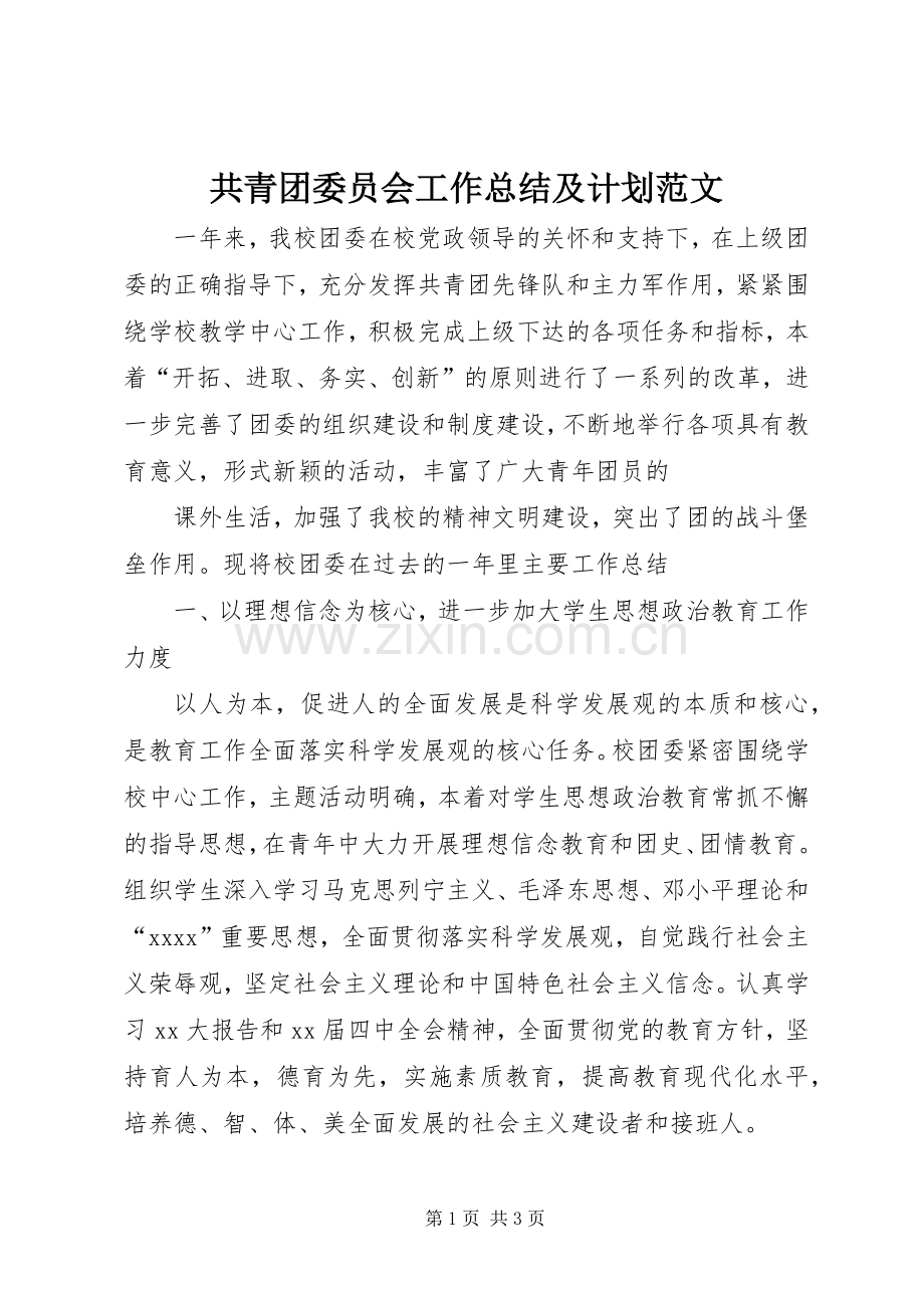 共青团委员会工作总结及计划范文.docx_第1页