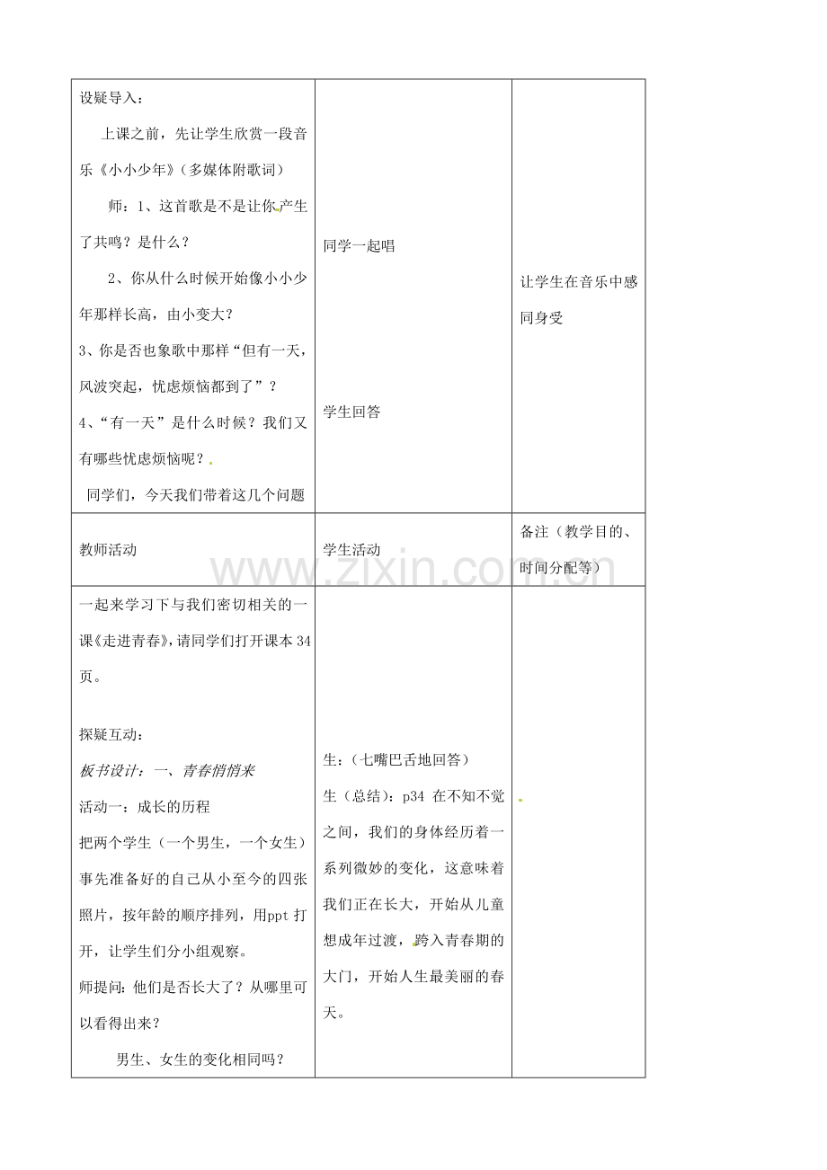 吉林省四平市第十七中学七年级政治上册 4.1 走进青春教案 新人教版.doc_第2页