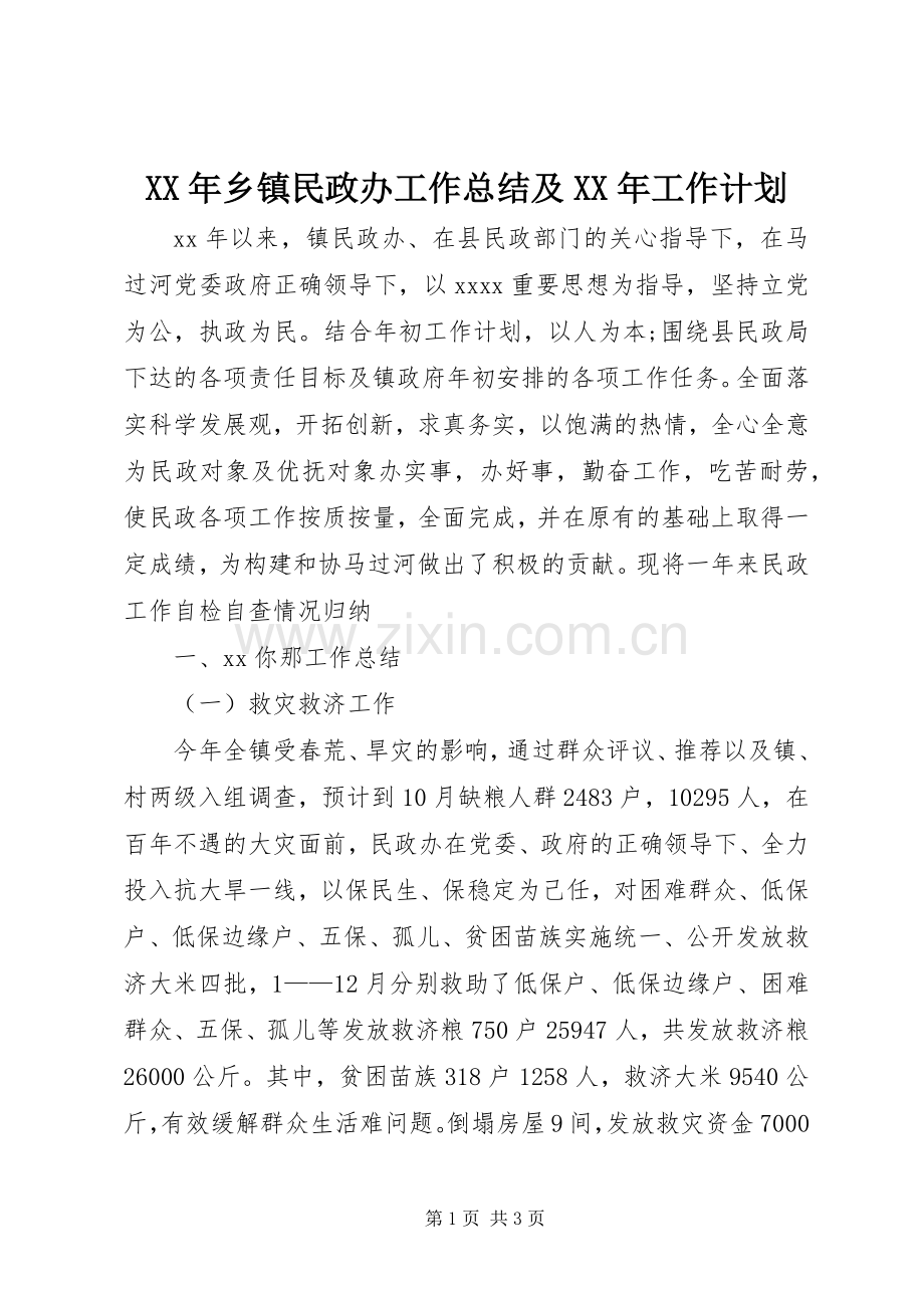 XX年乡镇民政办工作总结及XX年工作计划.docx_第1页